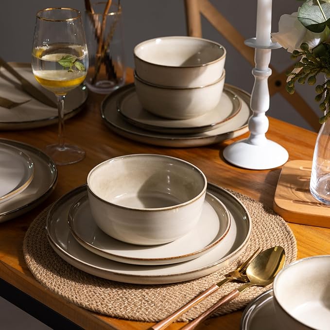 GBHOME Ceramic Dinnerware Sets for 6 18 Pieces Stoneware Plates and Bowls Sets Scratch Resistant Dishes Dishwasher &amp Microwave Safe Reactive Glaze-Cappuccino