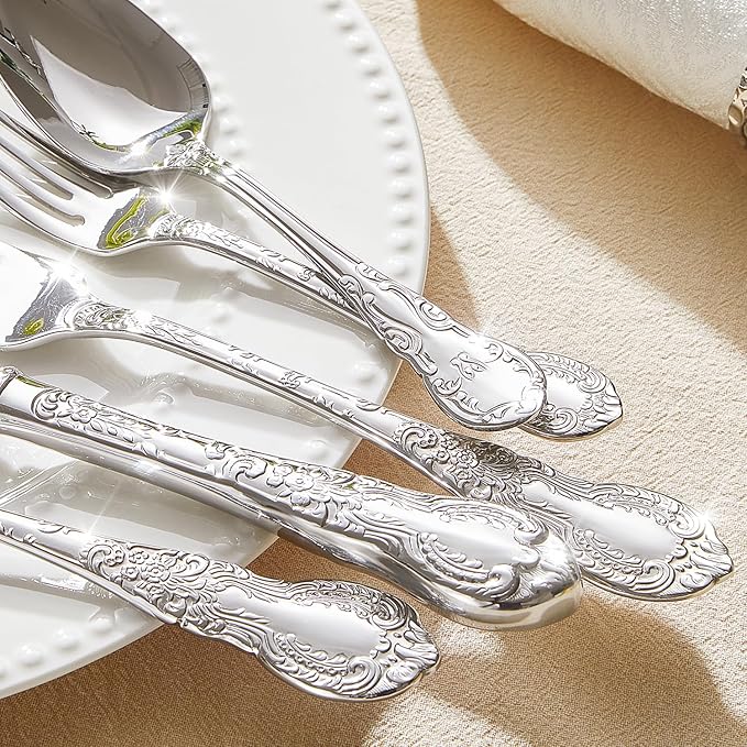 KINGSTONE Vintage Carved Silverware Set 10-Piece 18/10 Stainless Steel Flatware Cutlery Set with Retro Royal Thick Handle Tableware Utensils for Home Restaurant party Wedding Dishwasher Safe