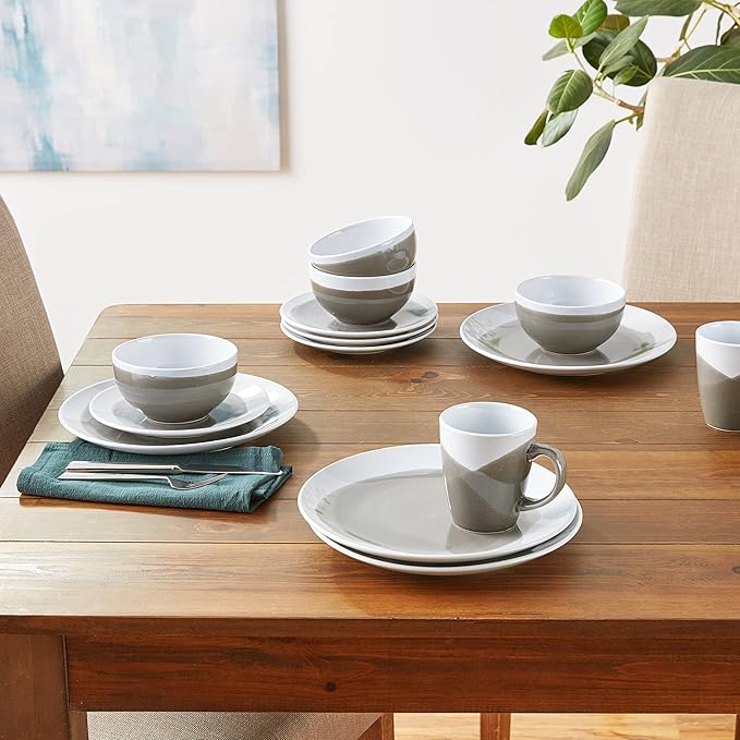 American Atelier Round Dinnerware Sets | Charcoal Kitchen Plates Bowls and Mugs | 16 Piece Stoneware Oasis Collection 10.5 x 10.5 | Dishwasher &amp Microwave Safe | Service for 4