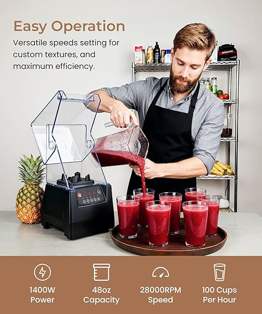 SYBO HS-210E Professional-Grade Commercial Blender With Quiet Shield Heavy-Duty 2HP High-Speed 48oz BPA-Free Jar Easy Cleaning &amp Dishwasher-Safe for Juice Ice Shakes Smoothies Metallic