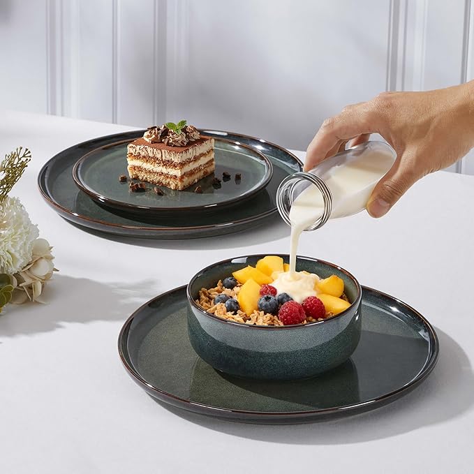 Herogo 12 Pieces Square Stoneware Dinnerware Set Service for 4 Dinner Plates and Bowls Sets Double Reactive Glaze Dishes Set for Kitchen Scratch Resistant Dishwasher Safe Moss Green