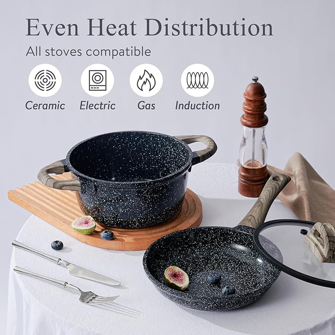 Pots and Pans Set Non Stick Non-Toxic 22 Pcs Ceramic Cookware Sets Nonstick Kitchen Pot&ampPan With Lid Black Granite Induction Compatible with Glass Lids Crepe Frying Pan PFOA/PFOS-Free