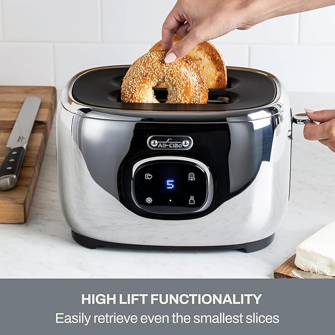 All-Clad Stainless Steel Toaster 2 Slot Removable Crumb Tray 850 Watts 7 Browning Levels Intuitive Touchscreen Extra High Lift Silver