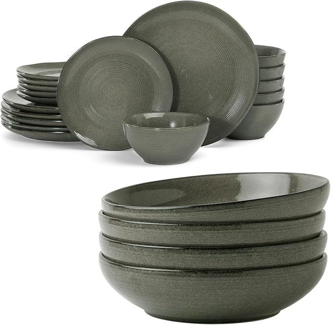famiware Tempus 22 Pieces Dinnerware Sets Plates and Bowls Set for 6 40 oz Pasta Bowls for Serving - Dark Olive