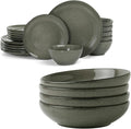 famiware Tempus 22 Pieces Dinnerware Sets Plates and Bowls Set for 6 40 oz Pasta Bowls for Serving - Dark Olive