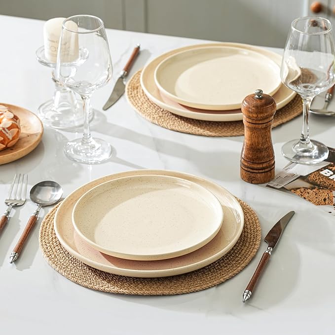GZG Ceramic Dinner Salad Plates Set of 4 8 Inch Speckled Dinnerware Dessert Plates with Clay-Tone Base Microwave Oven Dishwasher Safe