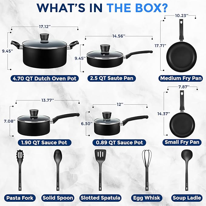 SereneLife Kitchenware Pots &amp Pans Basic Kitchen Cookware Black Non-Stick Coating Inside Heat Resistant Lacquer (15-Piece Set) One Size