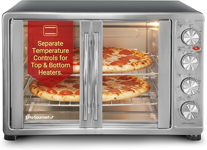 Elite Gourmet ETO-4510M French Door 47.5Qt 18-Slice Convection Oven 4-Control Knobs Bake Broil Toast Rotisserie Keep Warm Includes 2 x 12 Pizza Racks Stainless Steel