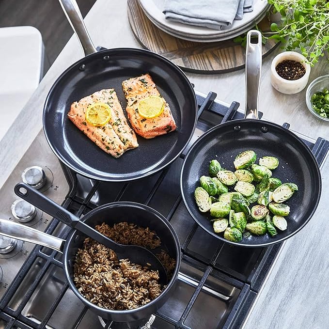 5-Piece Ceramic Nonstick Cookware Set with Frypans Saucepan Nylon Turner and Spoon Hard Anodized Oven Safe to 600°F Dishwasher Safe