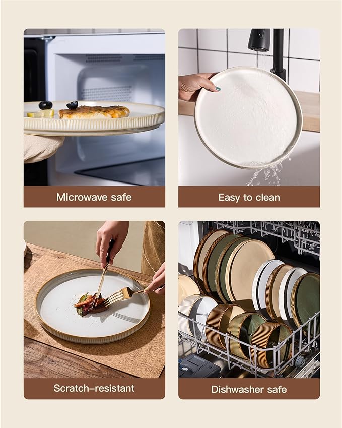 Stoneware Plates and Bowls Dishes Sets for 6 (18-Piece) Famiware Premium Handcrafted Reactive Glaze Dinnerware Set with Raised Rim Scratch Resistant Microwave Dishwasher Safe Cappuccino White