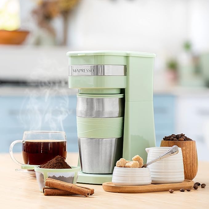 Mixpresso Single Cup Coffee Maker &amp 14oz Travel Mug Lightweight Personal Drip Coffee Brewer &amp Tumbler Compatible with Coffee Grounds Bubdle With 3 Piece Set Of Airtight Coffee And Sugar Plas