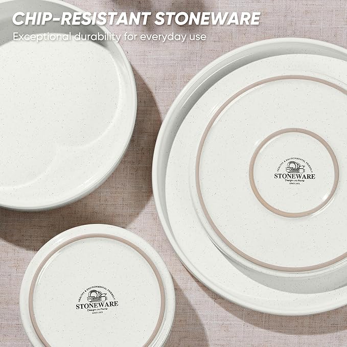 E-far 16-Piece Plates and Bowls Sets - Stoneware Dinnerware Sets with Pasta Bowls for 4 | Microwave &amp Dishwasher Safe Kitchen Modern Dish Set Speckled White