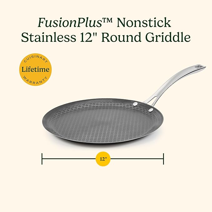 Cuisinart FusionPlus Hybrid Nonstick Stainless Steel Cookware 12-Inch Round Griddle Pan with PFAS-Free PURELYSEAR Ceramic Technology Scratch Proof Cool Grip Handles Dishwasher Safe
