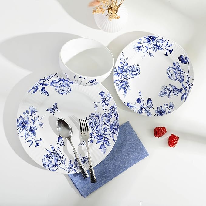 222 Fifth 12-Piece Porcelain Dinnerware Set for 4 White &amp Blue Plates and Bowls Set Glossy Ceramic Dish Set with Embossed Toile Pattern Elegant Kitchen Dishes Microwave &amp Dishwasher Safe