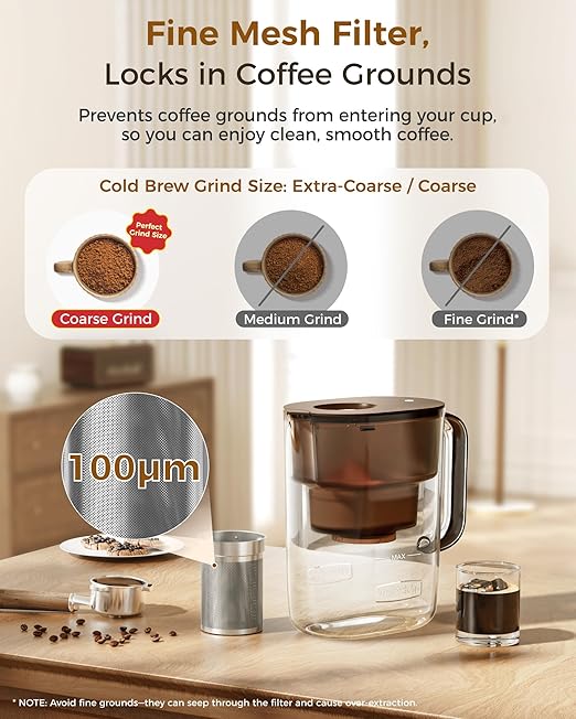 Waterdrop Cold Brew Coffee Maker with 1 Magnesium Water Filter for Well-Balanced Acidity Unlocks Aroma BPA-Free Cold Brew Pitcher Stainless Steel Filter for Iced Coffee Tea Lemonade Brown