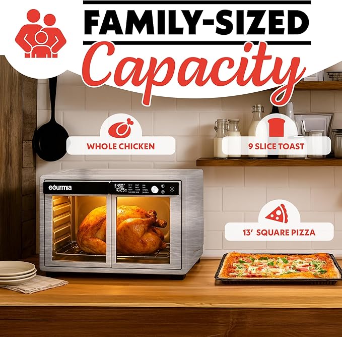 Gourmia French Door Air Fryer Oven - 37 Qt Large Capacity Convection Toaster Oven FryForce 360° Digital Display 12 Cooking Presets Dehydrate Fits 13” Pizza Dishwasher-Safe Stainless Steel