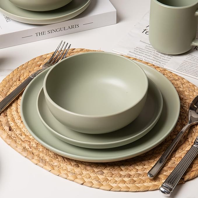 12-Piece Stoneware Dinnerware Set with Mugs | Microwave and Dishwasher Friendly | Stackable Matte Glaze Plates &amp Bowls | Service for 3 (Green for 3)
