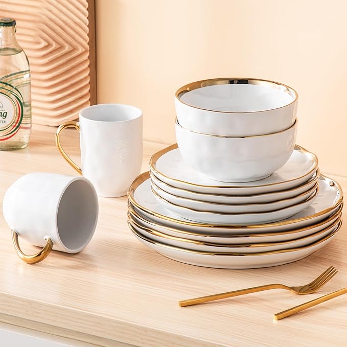 LOVECASA 16 Pieces Plates and Bowls Sets Porcelain White and Gold Dinnerware Sets Round Dinner Plates Dishes Set Service for 4 Dishwasher Safe and Scratch Resistant White