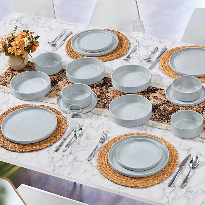 Herogo Stoneware Dinnerware Set with Salad Bowls 24 Piece Kitchen Dinner Dish Set for 6 Plates and Cereal Pasta Bowls Chip &amp Scratch Resistant Dishware Speckled Light Gray