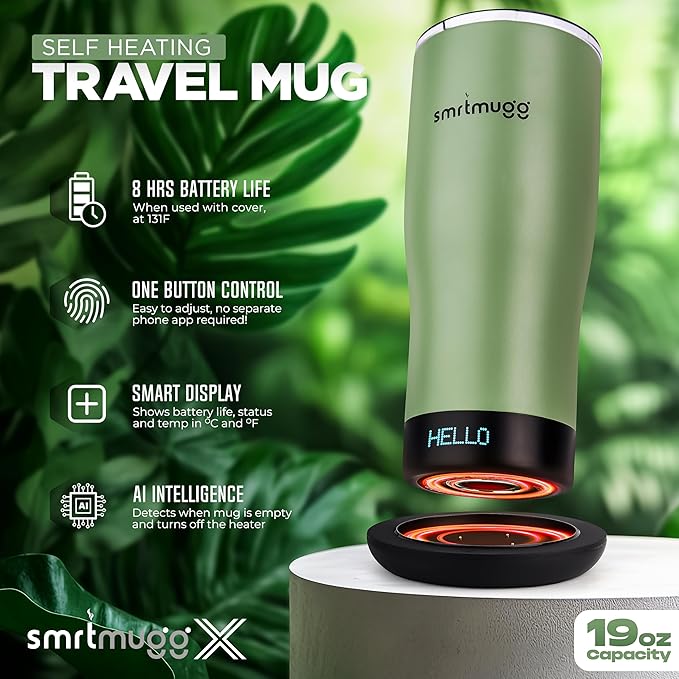 X Heated Coffee Mug 19 oz. 8 Hour Battery Life Self-Heating Adjustable Temp Controlled LCD Screen Includes Cover with Magnetic Slider (Black) (Sage Green)