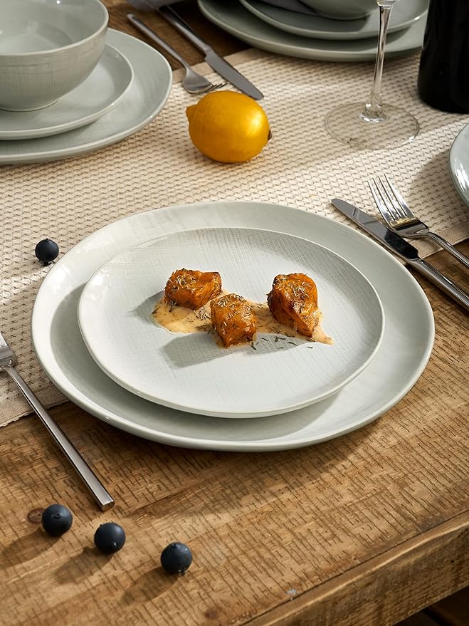Famiware Moonlight Plates and Bowls Sets 12 Pieces Stoneware Dinnerware Sets with Linen Finish Handmade Dishware Set for 4 Microwave and Dishwasher Safe Chip and Scratch Resistant White