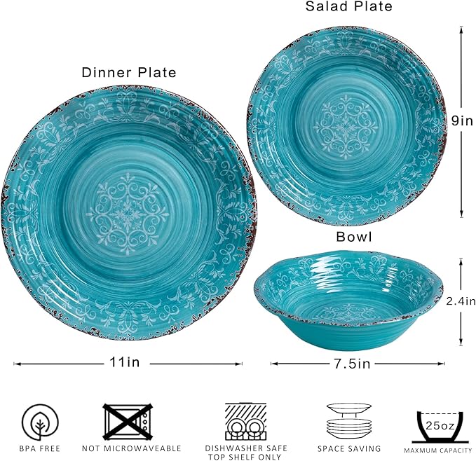 LEHAHA 12pcs Melamine Dinnerware Set .Service for 4 Farmhouse plates and bowls dishes sets Non-breakable Lightweight Dining Serving TablewareGreat for PartyCamping and RV Dishwasher Safe Teal