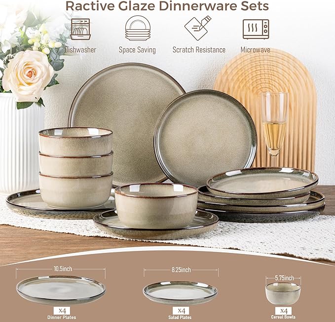 GBHOME Ceramic Dinnerware Sets for 4 12 Pieces Stoneware Plates and Bowls Sets Scratch Resistant Dishes Dishwasher &amp Microwave Safe Reactive Glaze