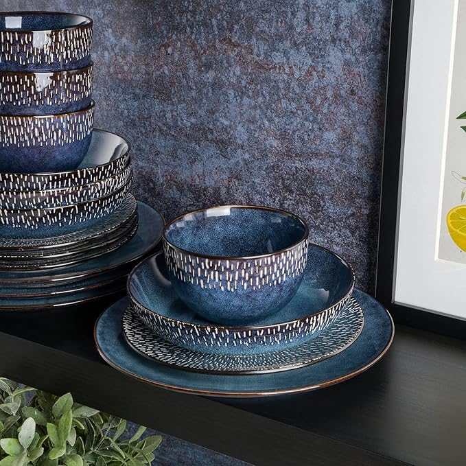 16-Piece Cobalt Blue Stoneware Dinnerware Set – Double Bowl Design with Reactive Glaze Dishwasher &amp Microwave Safe