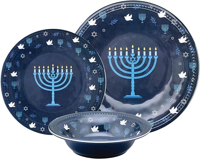 UPware 12 Piece Hanukkah Menorah Melamine Dinnerware Sets Outdoor Dishes Set Plates and Bowls Sets Hanukkah Decorations Service for 4 Indigo Blue