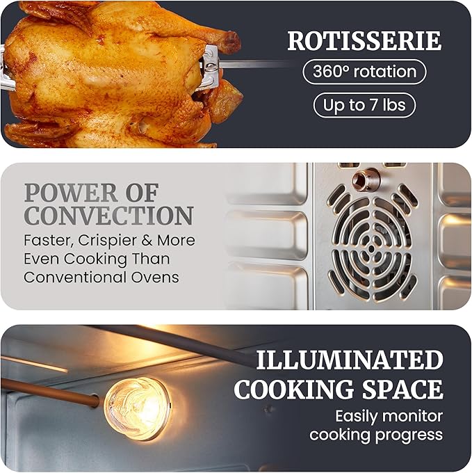 Elite Gourmet ETO-4510M French Door 47.5Qt 18-Slice Convection Oven 4-Control Knobs Bake Broil Toast Rotisserie Keep Warm Includes 2 x 12 Pizza Racks Stainless Steel
