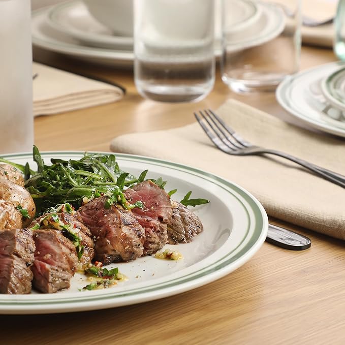 Gibson Home Hometown Diner 12-Piece Porcelain Dinnerware Set Round Plates and Bowls Set for 4 White with Green Rim Dishwasher Safe – Dinner Plate Salad Plate &amp Cereal Bowl
