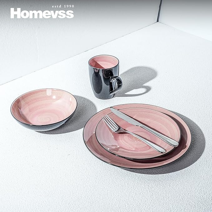 Sonoma Stoneware 16pc Dinnerware Set Outside Black + Inside Hand Painting Rose
