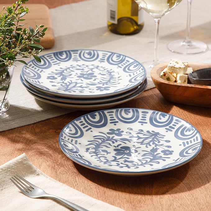 Bloomhouse - 2-Time Oprah’s Favorite Things - Valencia Flor 4 Piece Dessert &amp Salad Plate Set 8.75” Stoneware Plates Mediterranean Floral Decal Design Microwave &amp Dishwasher Safe Iris Blue