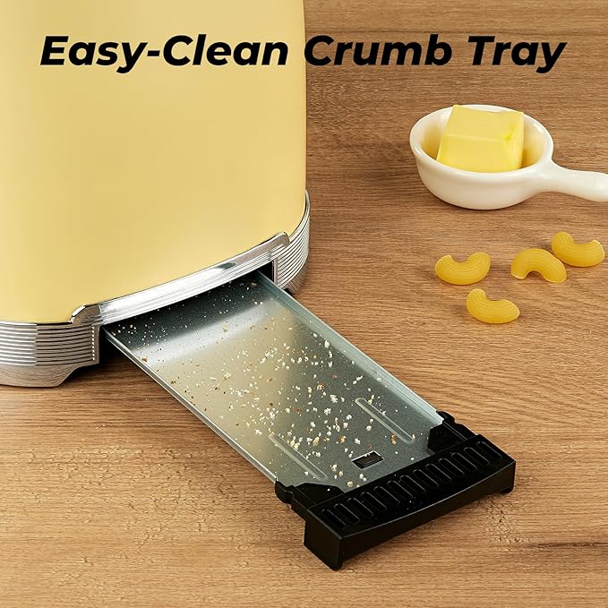 Toaster 2 Slice Retro Stainless Steel with 1.5” Extra Wide Slots Bagel Defrost Reheat Cancel Functions 6 Bread Shade Settings Removable Crumb Tray Yellow