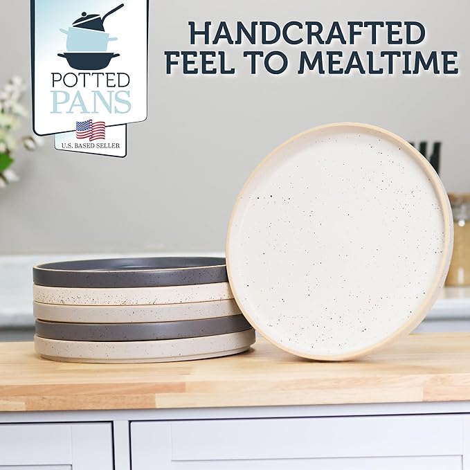 Ceramic Plates - 6 Piece Neutral Flat Porcelain Dish Set - 10.5in Modern Dishes with Lipped Edge for Everyday Kitchen Use - Oven Dishwasher and Microwave Safe Ceramic Dinnerware Sets