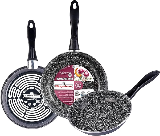 Magefesa K2 Gransasso Set of 3 Frying Pans 20/24/28 cm Vitrified Steel Exterior Grey Non-Stick Two-Layer Stone Effect Special Induction 50% Energy Saving