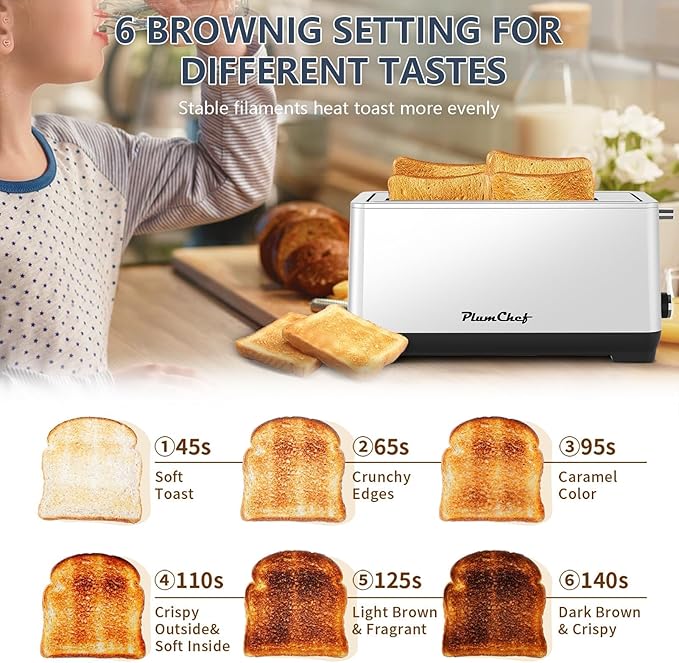 4-Slice KitchenToaster Extra Wide Long Slot Toaster 6 Browning Settings Bagel/Defrost/Reheat Functions Removable Crumb Tray Stainless Steel Housing 1350W (Silver)