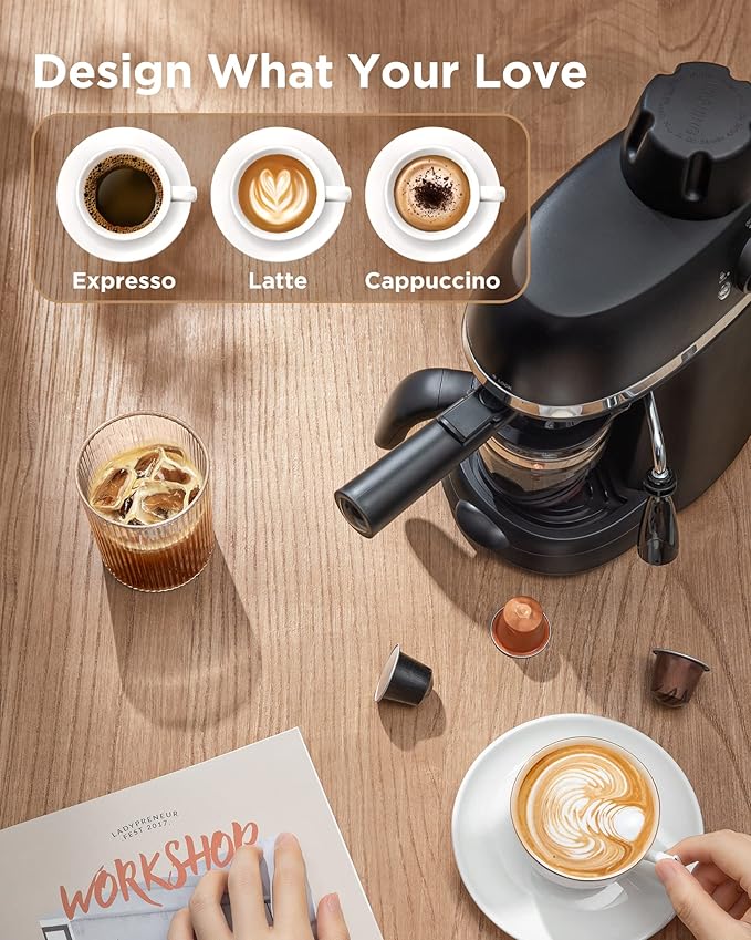 Espresso Machine with Milk Frother 1-4 Cup Mini Expresso Coffee Maker for Home Latte Cappuccino Includes Carafe Black No Apply to Use Ground and Any Fine