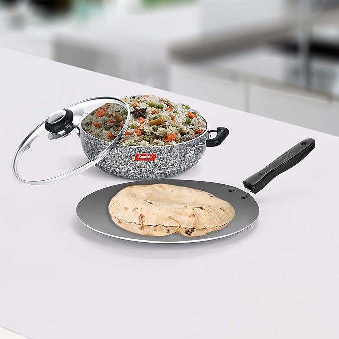 SUMEET Aluminium NonStick Air Head Cookware Set (Silver Kadhai with Glass Lid -2Ltr - 22Cm Diameter Conceive/Roti Tawa - 28Cm Dia)