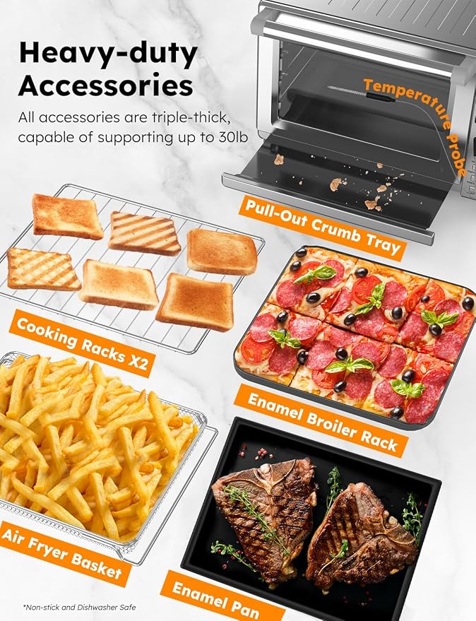 Nuwave Bravo Pro Smart Toaster Oven Countertop True Air Fryer Combo w/Improved 100% Convection 35% Crispier 112 Presets Customizable Pizza Zones Integrated Probe PFAS Free 30QT Stainless Steel