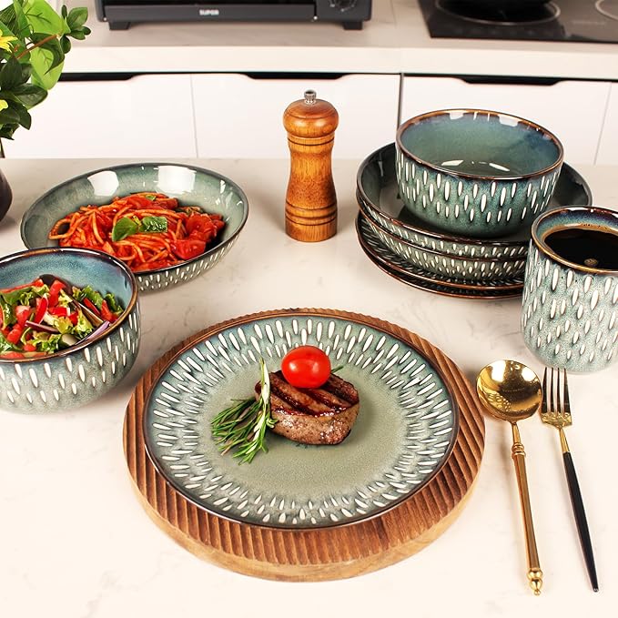 Dinnerware Sets 16 Pieces - Round Reactive Glaze Tableware - Kitchen Dinnerware Porcelain Crockery with Dinner Plate Bowl and Soup Plate Service for 4 Microwave Dishwasher Safe Set No.4