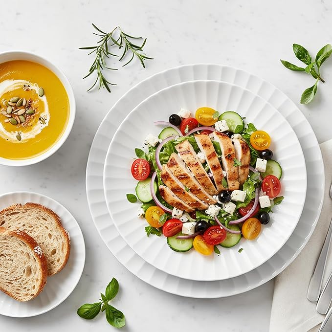 16-Piece Bone China Dinnerware Set for 4 White embossed dinnerware set Plates and Bowls with Textured Design Microwave Dishwasher Safe