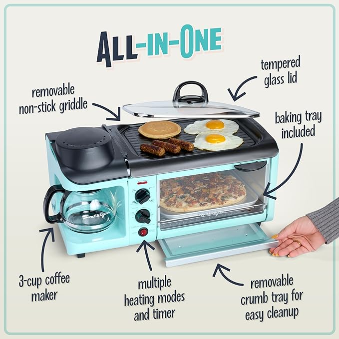 Nostalgia 3-in-1 Breakfast Station - Includes Coffee Maker Non-Stick Griddle and 4-Slice Toaster Oven - Versatile Breakfast Maker with Timer - Aqua