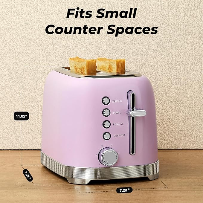 Toaster 2 Slice Retro Stainless Steel with 1.5” Extra Wide Slots Bagel Defrost Reheat Cancel Functions 6 Bread Shade Settings Removable Crumb Tray Pastel Pink