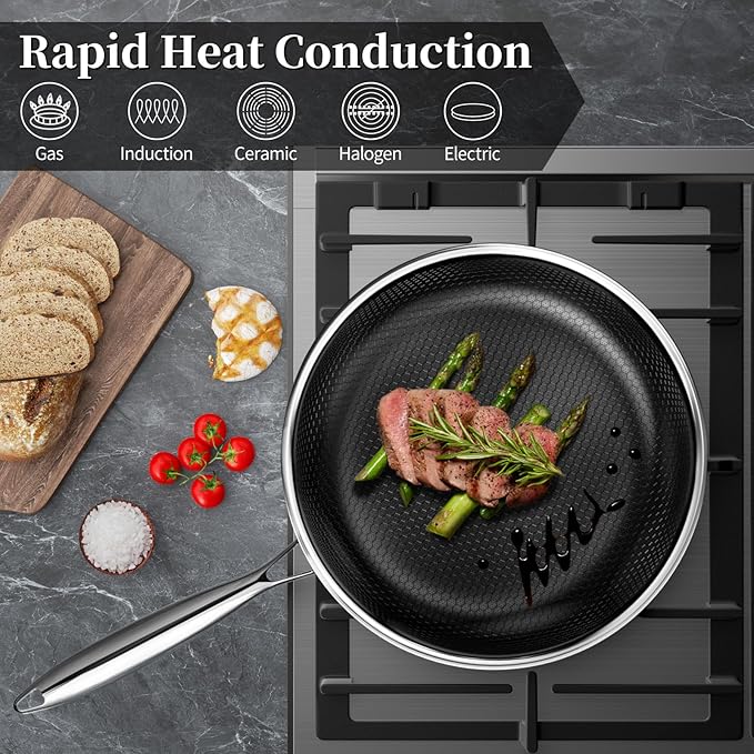 Innerwell Nonstick Frying Pan Set8 Inch&amp9.5 Inch&amp11 Inch Tri-Ply Hybrid Stainless Steel Ceramic Frying Pans Kitchen Cooking Pan Skillet 3 Piece PFAS/PFOA/PTFE FreeDishwasher &amp Oven Safe
