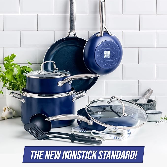 Blue Diamond Cookware Diamond Infused Ceramic Nonstick 4 Piece Cookware Pots and Pans Set PFAS Free Dishwasher Safe Oven Safe Blue