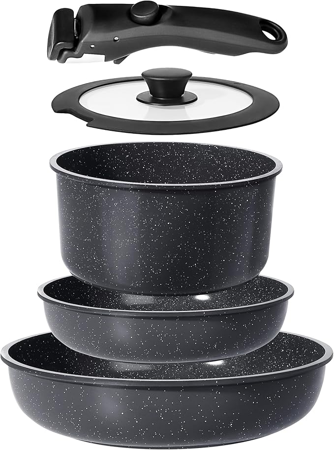 GiPP 5PCS Pots and Pans Set Nonstick Detachable Nonstick Cookware Sets Induction Kitchen Set Removable HandleRV Cookware setOven/Dishwasher Safe
