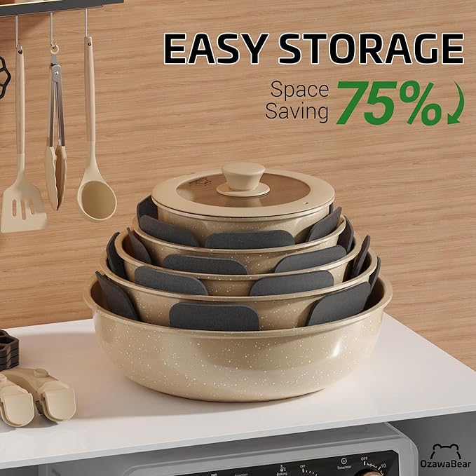 23 Pcs Pots and Pans Set Non Stick Ceramic Cookware Set Non Toxic with Detachable Handles Healthy Induction Cookware Oven Safe RV Kitchen Set PFAS PFOA &amp PTFE Free Taupe