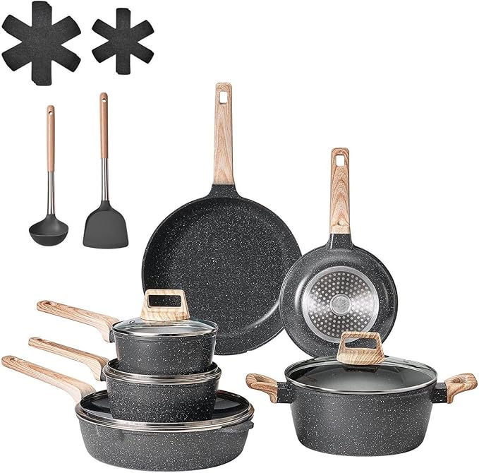 17 Piece Pots and Pans Set Nonstick Granite Cookware Induction Compatible Kitchen Set - Black