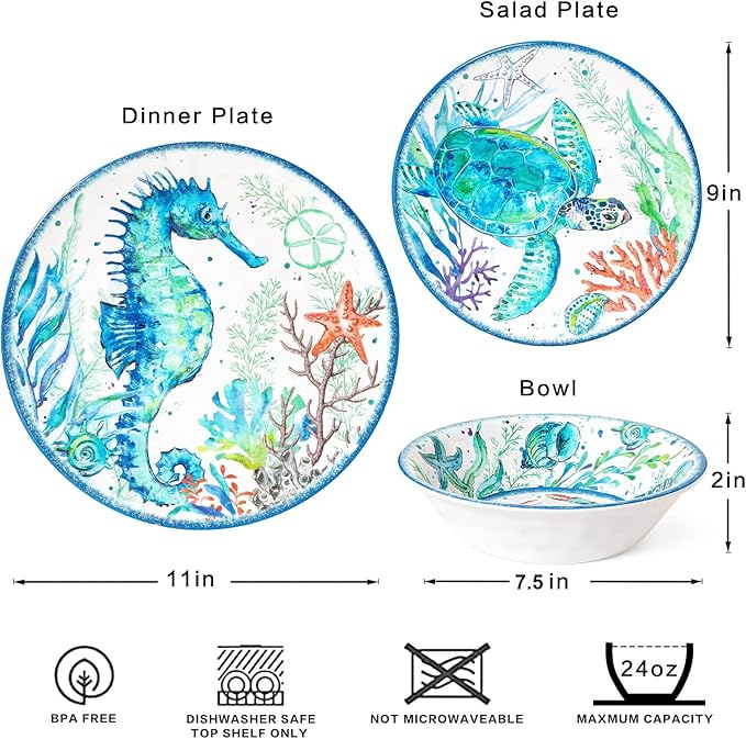 LEHAHA 12-Piece Melamine Beach Dinnerware Set Coastal Plates and Bowls Sets Oceanic Sea Life Dish Sets for 4 Great for Indoor Outdoor Dining on the Beach RV Camping or Cabin
